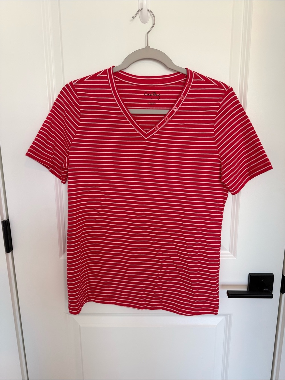 Coral Bay Red and White Striped V-Neck Short Sleeve Tee